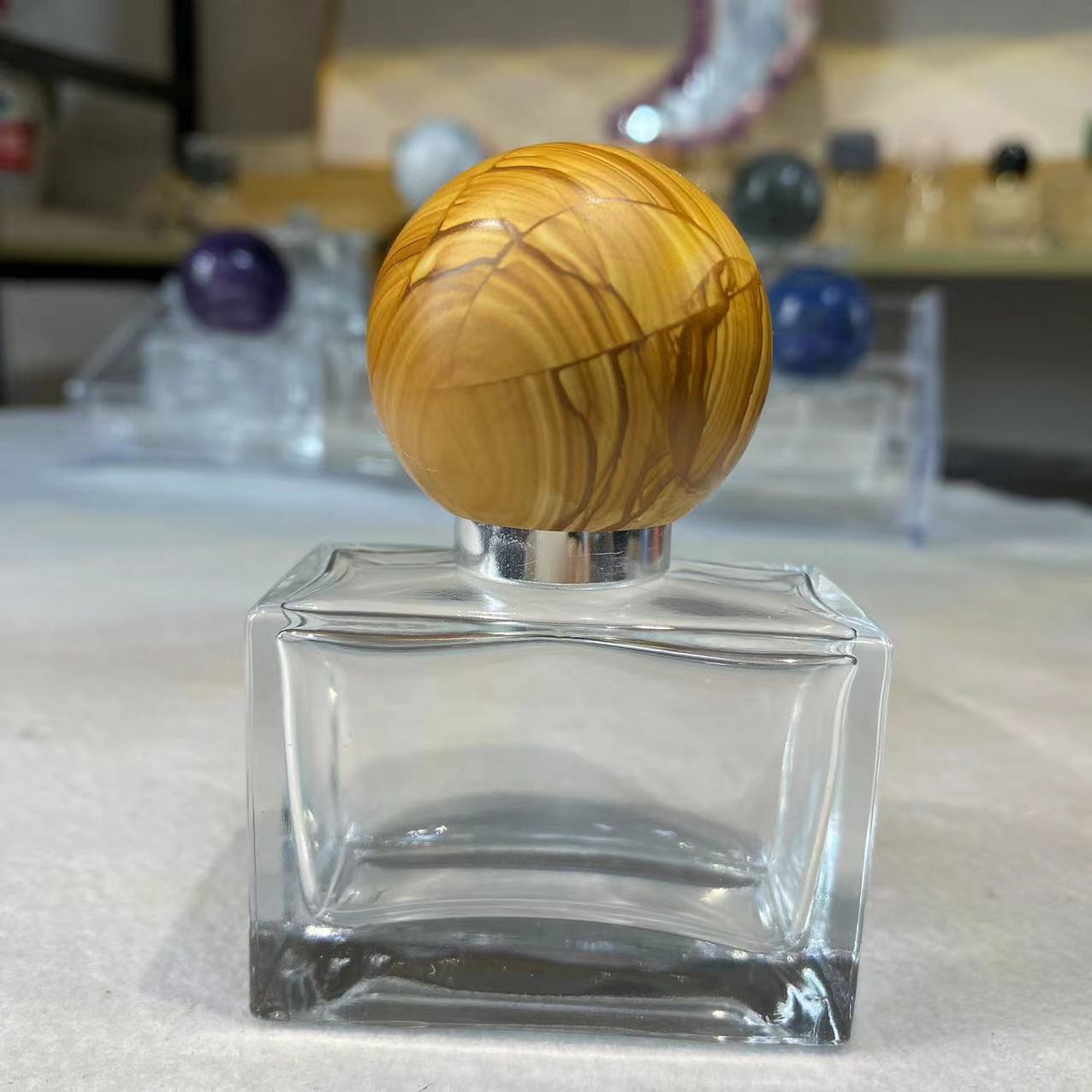 Raw stone pink crystal / amethyst spherical cap for perfume and aromatherapy bottles. - 10