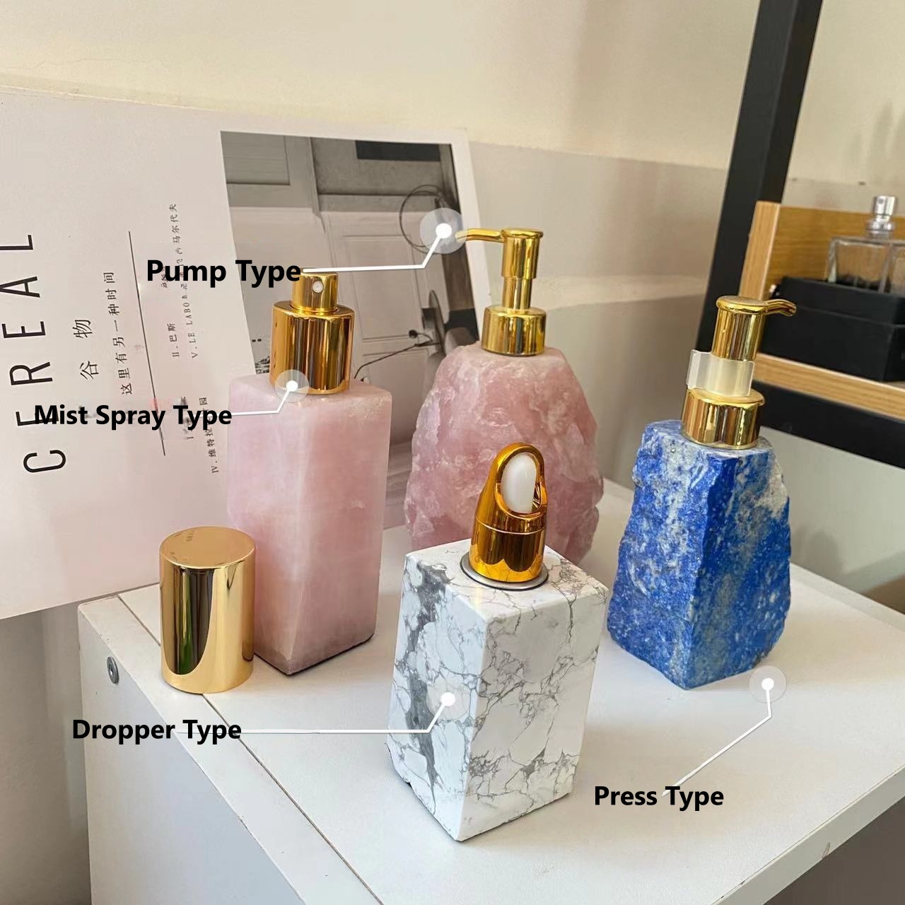 Light luxury, Nordic-style natural pink crystal press bottle — high-end jade. - 2