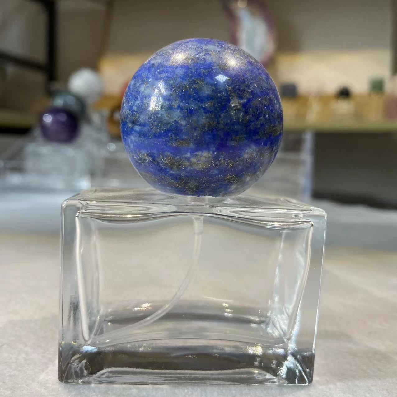 Raw stone pink crystal / amethyst spherical cap for perfume and aromatherapy bottles. - 8