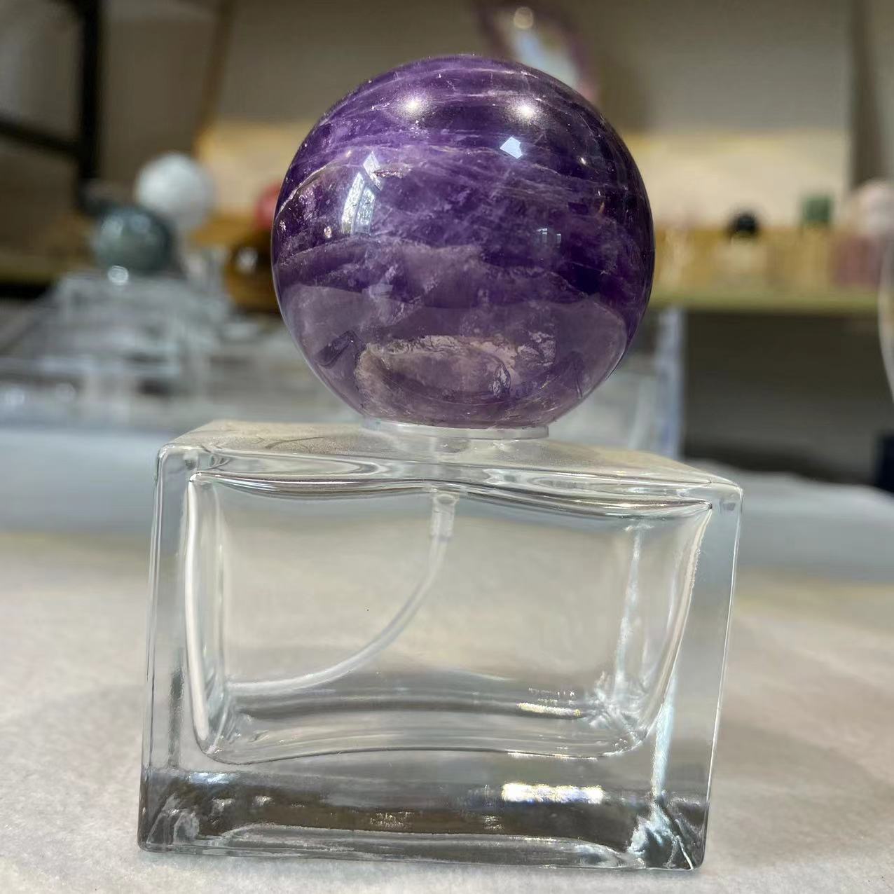 Raw stone pink crystal / amethyst spherical cap for perfume and aromatherapy bottles. - 11