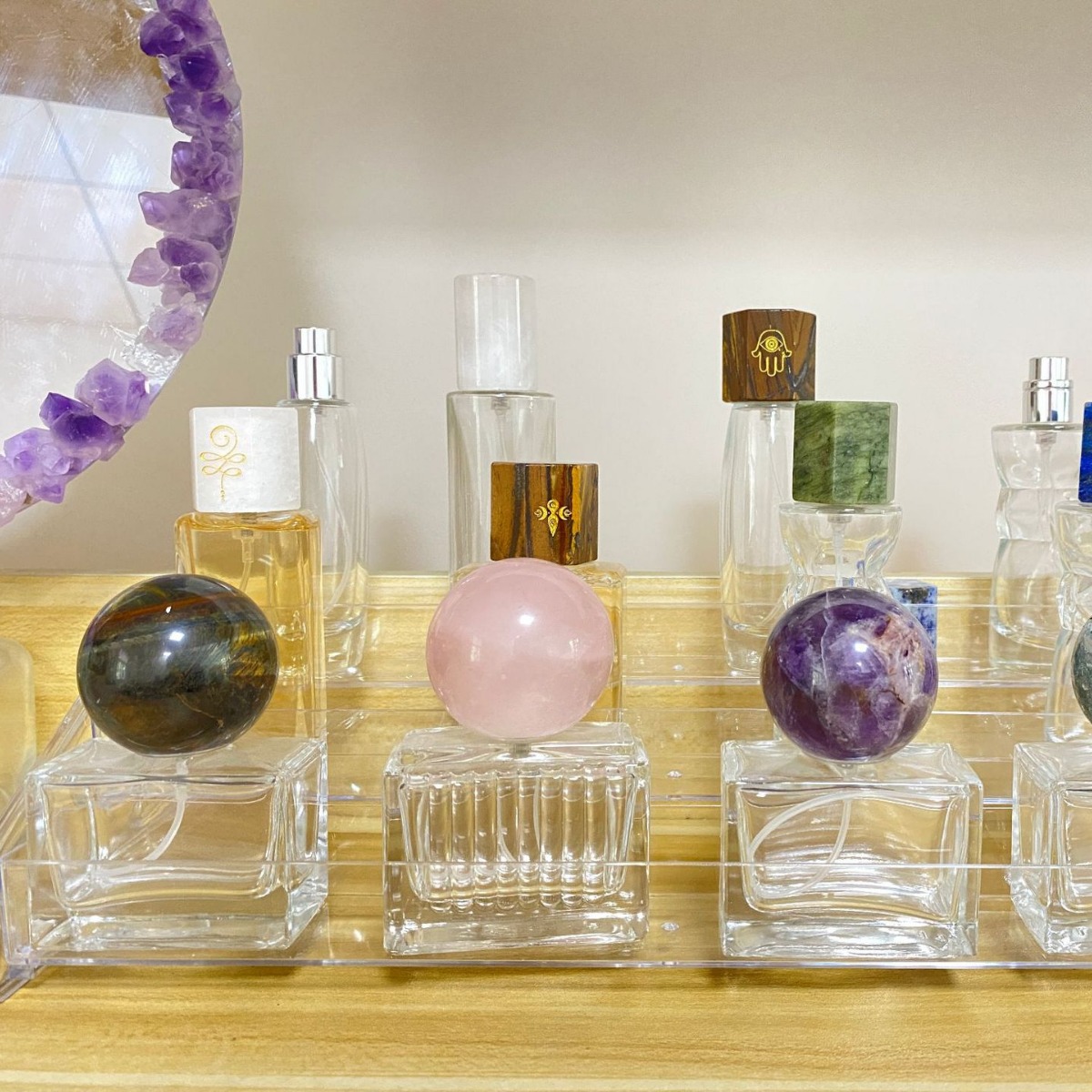 Raw stone pink crystal / amethyst spherical cap for perfume and aromatherapy bottles. - 12