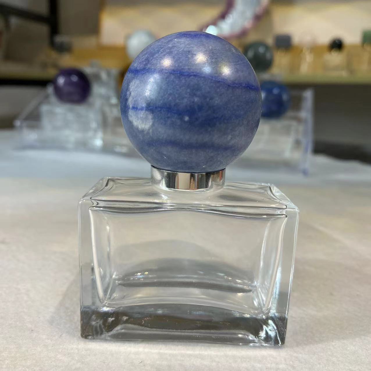 Raw stone pink crystal / amethyst spherical cap for perfume and aromatherapy bottles. - 6