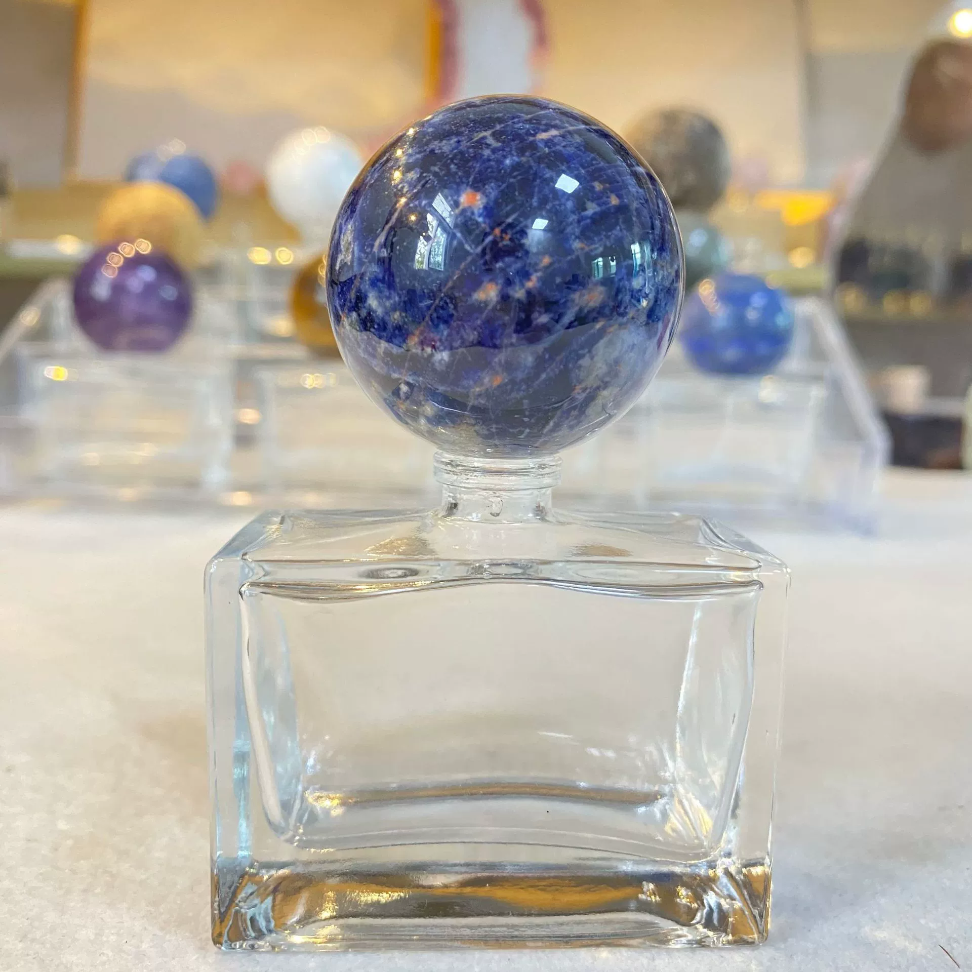 Raw stone pink crystal / amethyst spherical cap for perfume and aromatherapy bottles. - 7