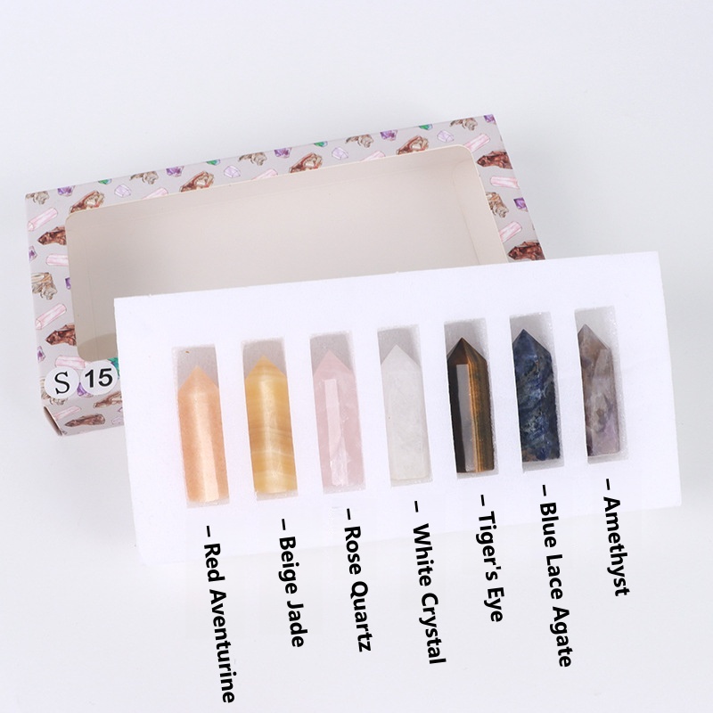 7-piece set of natural stone rose quartz hexagonal columns
