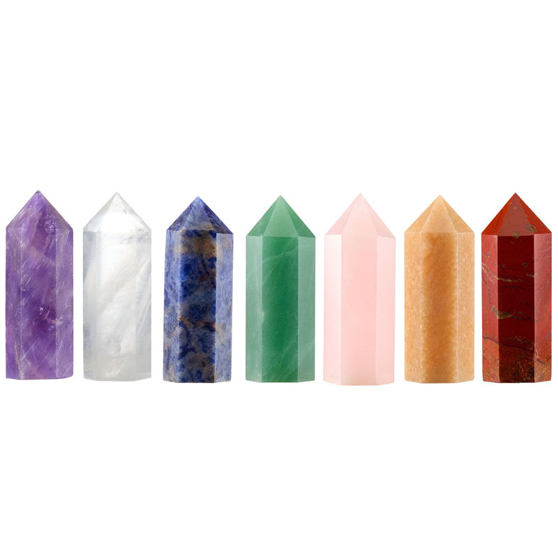 7-piece set of natural stone rose quartz hexagonal columns - 7