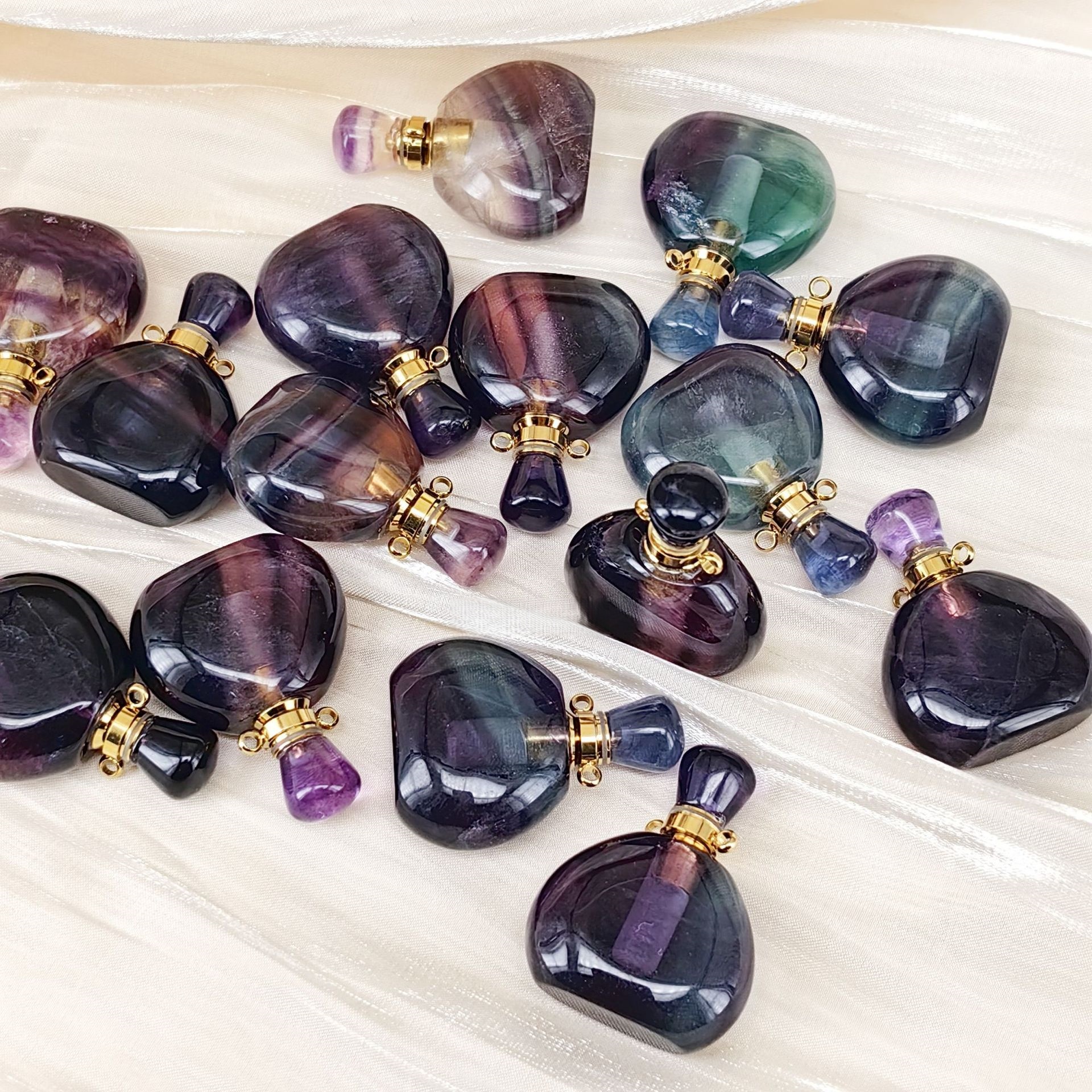 Multi-Color Fluorite Heart Perfume Bottle Pendant Necklace